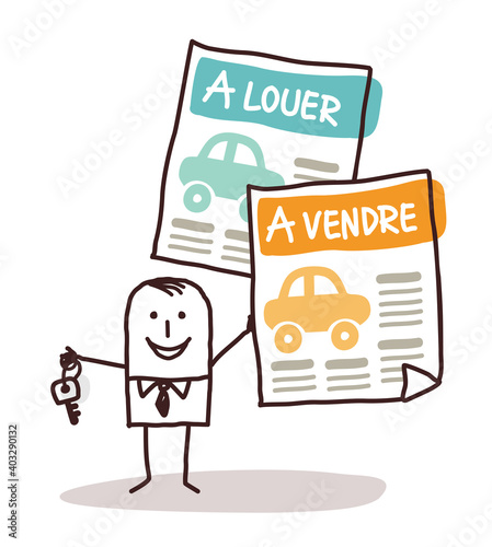 Voitures à Vendre ou à Louer - Personnage Masculin dessiné à la main, avec Couleurs sur fond Blanc
