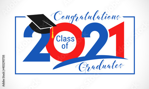 Class of 2021 year graduation banner, awards concept. Holiday red and blue colored invitation card. Brush stroke calligraphy. Isolated digits, abstract graphic design template.  White paper background