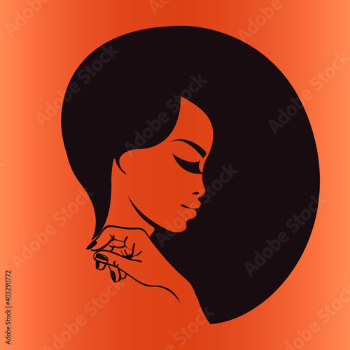 Hair salon and beauty studio logo.Beautiful African woman with big Afro hairstyle, elegant makeup and manicure.Young lady.Hairdresser and cosmetics logo.Luxury,glamour profile portrait.Female head.
