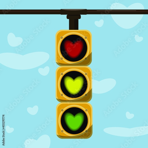 traffic light with red, green, yellow color in the shape of a heart on a background of blue sky and clouds