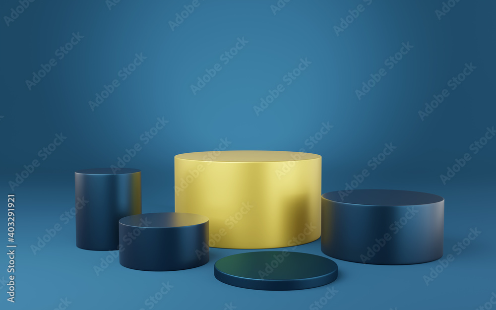 5 empty yellow and blue cylinder podium on blue background. Abstract minimal studio 3d geometric shape object. Mockup space for display of product design. 3d rendering. 5 empty yellow and blue cylinder podium on blue background. Abstract minimal studio 3d geometric shape object. Mockup space for display of product design. 3d rendering.