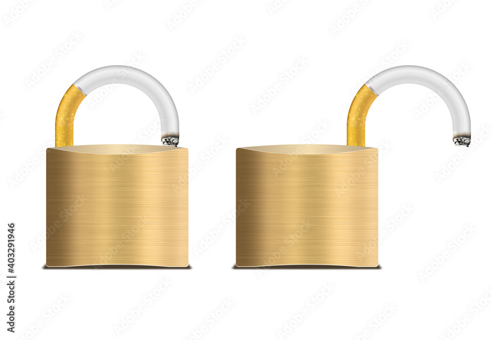 Illustration of concept for cigarette ban using lock as symbol. Stop smoking. Lock down on cigarettes. No Smoking concept. No tobacco products. Lung Cancer. Tobacco addiction. Illustration of concept for cigarette ban using lock as symbol. Stop smoking. Lock down on cigarettes. No Smoking concept. No tobacco products. Lung Cancer. Tobacco addiction.