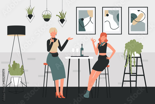 Girls drinking wine vector illustration. Cartoon woman characters sitting on high chairs next to table with glasses of wine drink and bottle in comfortable interior of home or cafe bar background