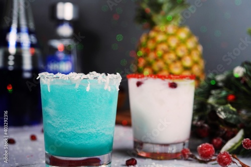 Jack frost cocktail and White Christmas Margarita, selective focus