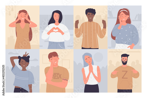 Fun people vector illustration set. Cartoon happy man woman characters smiling, gesturing with fingers hands, positive persons touching face or pointing, creative portraits background collection