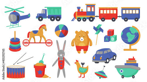 Kids toys vector illustration set. Cartoon children activity  education game collection with cute plastic toy transport to play with small boys and girls  funny playing objects isolated on white
