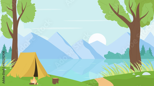 Tourist camp by river or lake nature landscape vector illustration. Cartoon mountain natural calm scenery with campsite tent among summer trees, bonfire. Adventure wildlife tourism scene background