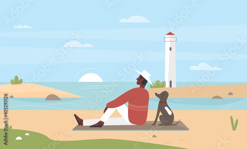 Man pet owner sitting on sea beach with dog friend vector illustration. Cartoon young happy male character relaxing with own doggy in seascape with sunset, lighthouse on island background