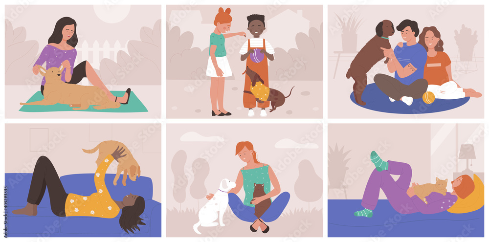 People spend time with pets vector illustration set. Cartoon young happy pet owners love and hug own dogs or cats, happy man woman or children characters playing, loving domestic animal friends