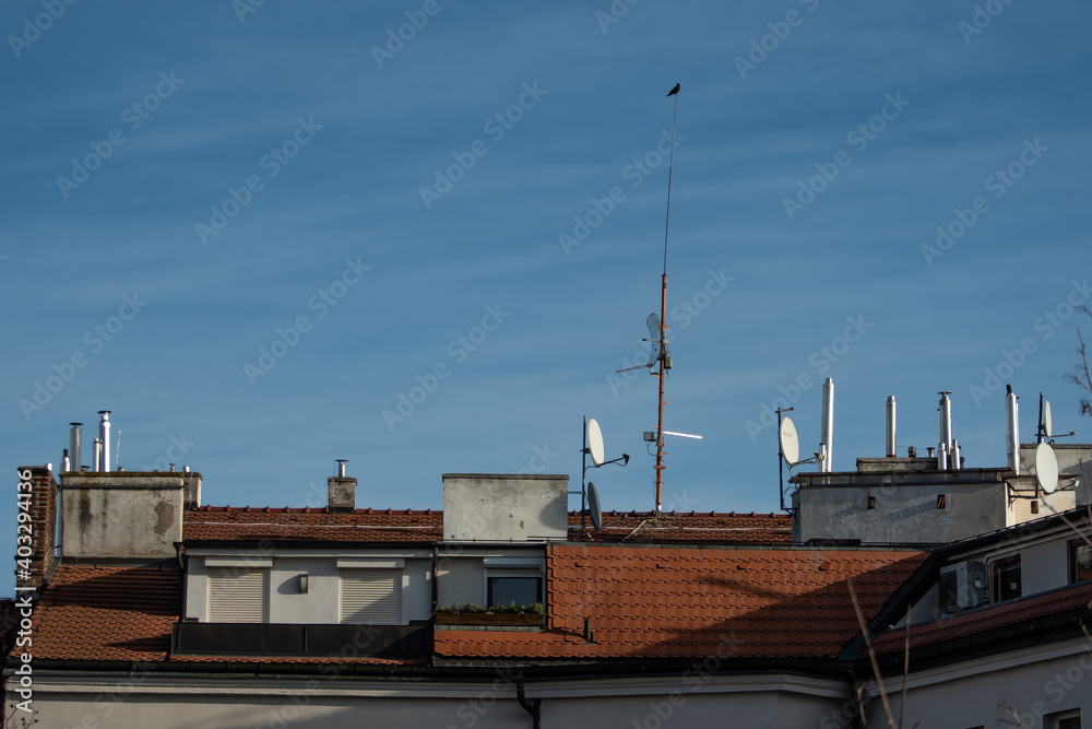 Roofs and chimneys of Prague 6, and area of old and luxury buildings in the district of Prague 6, czech Republic.