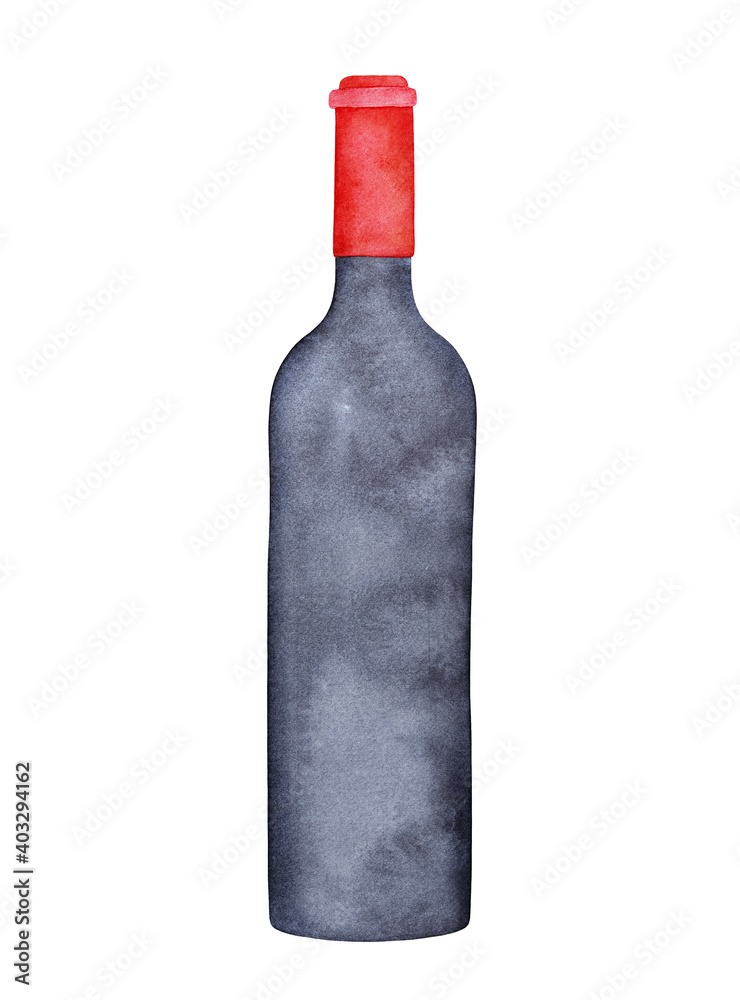 Water color sketch of traditional glass bottle with blank red cap. Hand painted watercolor artistic drawing, isolated clipart element for design, poster, template, banner, backdrop. One single object. Water color sketch of traditional glass bottle with blank red cap. Hand painted watercolor artistic drawing, isolated clipart element for design, poster, template, banner, backdrop. One single object.