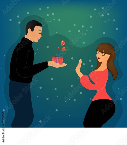 A young man gives his beloved a gift but the offended girl does not want to accept it. Festive composition on a blue background. Conceptual vector design.