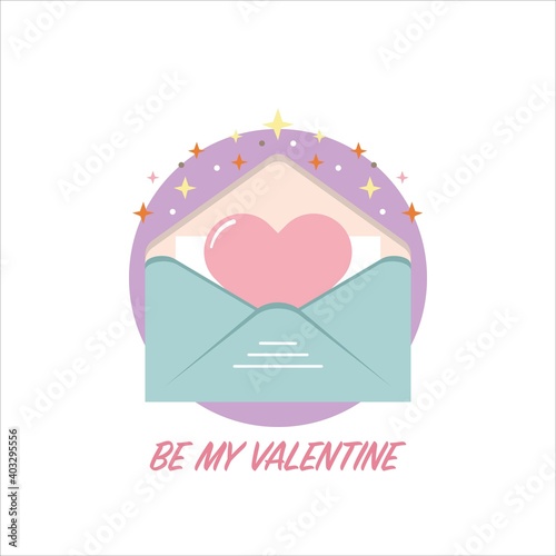 Be my valentine calligraphic lettering design card. Romantic envelope icon with red heart and sparkles on the background. Vector illustration of a love letter in flat style.