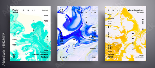 Abstract acrylic banner, fluid art vector texture collection. Trendy background that applicable for design cover, invitation, flyer and etc. Yellow, blue and mint unusual creative surface template