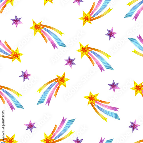 Cute childish pattern with stars on a white background. Bright seamless pattern with watercolor stars. For wrapping paper, wallpaper, textiles and more.