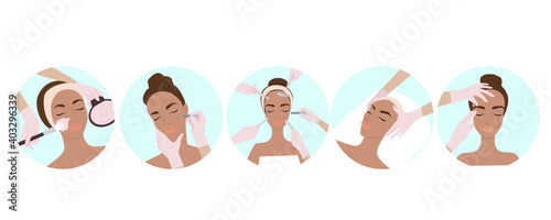 Set with different beauty treatments, beauty injections, body and facial care, facial massage, cosmetology, woman's face and care, vector flat illustration.