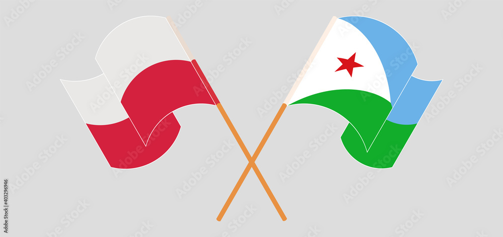 Crossed and waving flags of Poland and Djibouti Crossed and waving flags of Poland and Djibouti