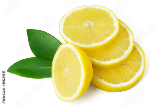 Ripe juicy yellow lemon slices with green leaves isolated on a white background