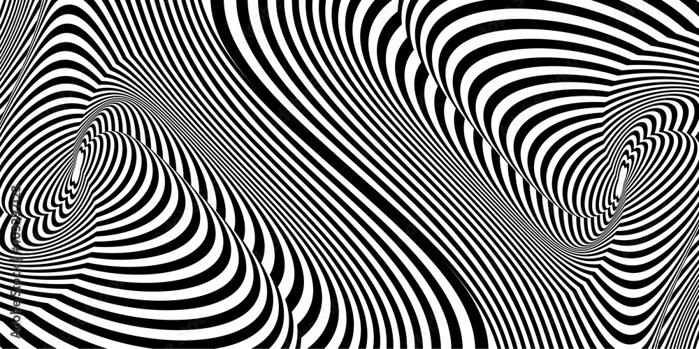 Abstract black and white striped background. Geometric pattern with visual distortion effect. Optical illusion. Op art.