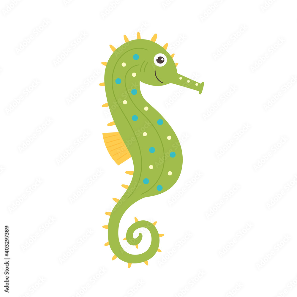Naklejka premium Funny green-yellow seahorse. Sea and ocean animal creature aqua fauna. Vector flat isolated illustration