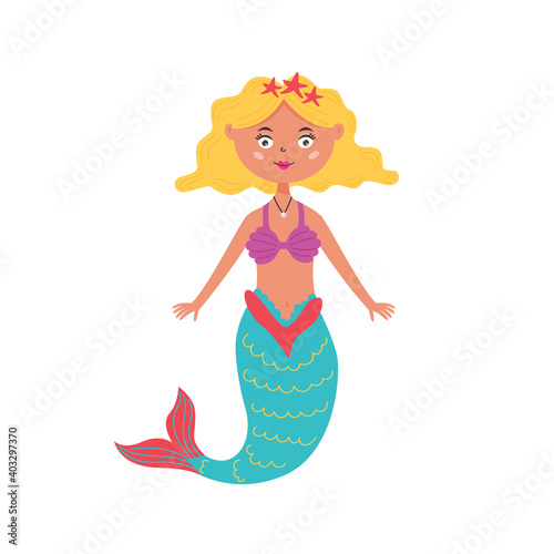 Cute mermaid with yellow blonde hair. Fairy sea creature girl with a tail. Vector flat character