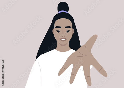 Young female Asian character with  outstretched arm offering their help, a welcoming gesture, a helping hand concept