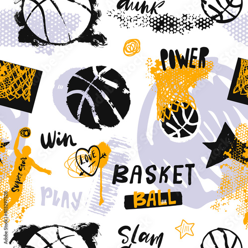 Hand-drawn basketball seamless pattern. Sports background with text, ball, hoop for a boy. Sport print, typography slogan, print design.