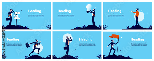 Businessman illustrations - Set of business concept backgrounds with man and copy space. Challenge, Idea, work and success. Vector format.