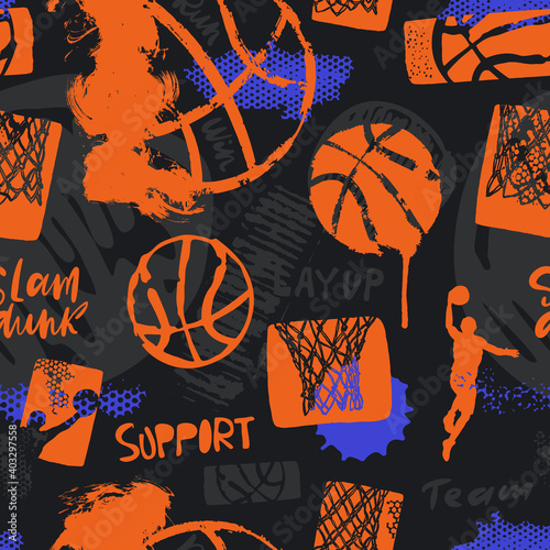 Bright seamless pattern for basketball. Sports hand-drawn background for design of banners, flyers, textiles. Grunge style, lettering.