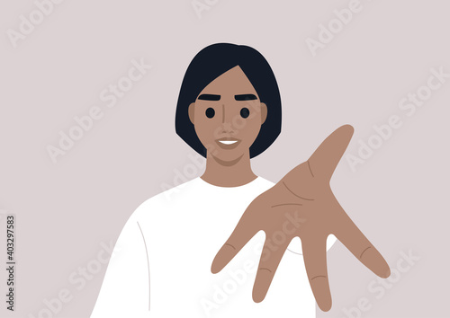 Young female character with  outstretched arm offering their help, a welcoming gesture, a helping hand concept
