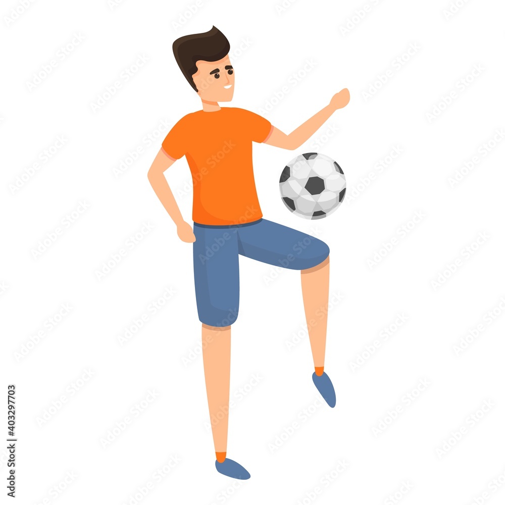 Boy play football icon. Cartoon of boy play football vector icon for web design isolated on white background