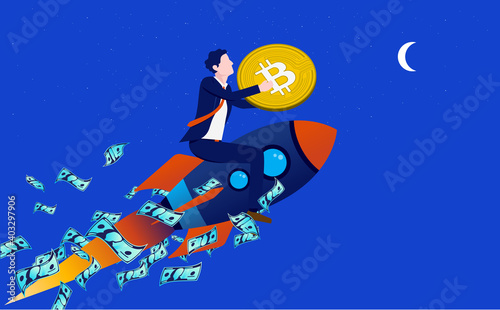 Bitcoin to the moon - Man on rocket holding coin, and money flying around. Businessman, institutions and companies buying cryptocurrencies concept. Vector illustration.  