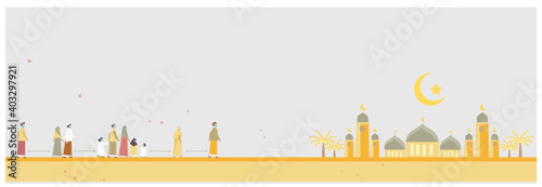 Landscape Vector illustration of Ramadan holy month during Covid-19 pandemic.Muslim people pray to God.People wearing medical mask and making social distancing.Vibrant yellow and ultimate gray.