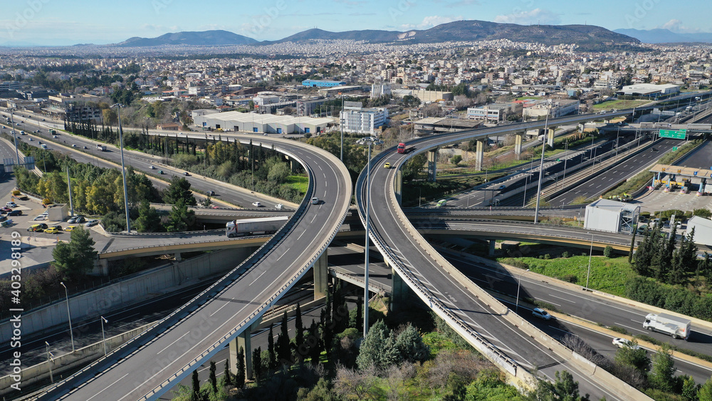 Fototapeta premium Aerial drone photo of multilevel junction national road crossing urban Metropolitan area