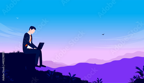 Businessman working outdoors - Male person using laptop computer outside in nature. Work from anywhere concept. Vector illustration.