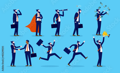 Businessman character set - Collection of illustrations with a man in different mood states and situations. Vector illustration. 