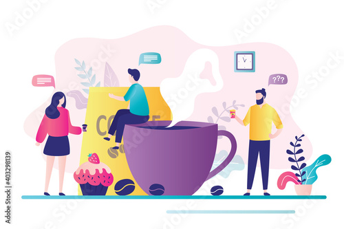 Business people meet at office break. Man and woman holds cups of coffee. Office workers relaxing, talking and drinking coffee