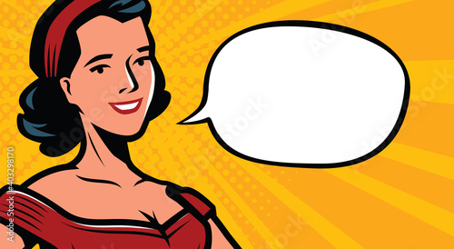 Pop art illustration of girl with the speech bubble. Retro advertising poster