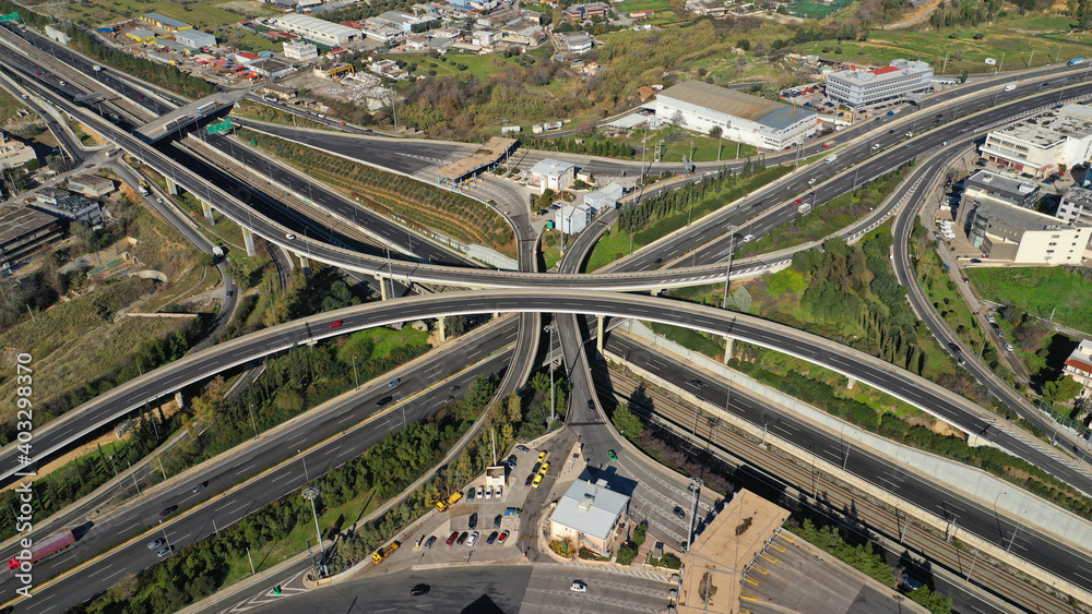 Aerial drone photo of multilevel junction national road crossing urban Metropolitan area Aerial drone photo of multilevel junction national road crossing urban Metropolitan area