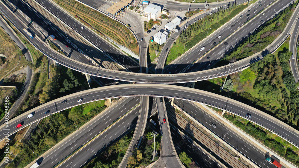 Aerial drone photo of multilevel junction national road crossing urban Metropolitan area Aerial drone photo of multilevel junction national road crossing urban Metropolitan area