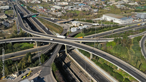 Aerial drone photo of multilevel junction national road crossing urban Metropolitan area