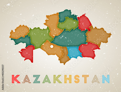 Kazakhstan map. Country poster with colored regions. Old grunge texture. Vector illustration of Kazakhstan with country name.