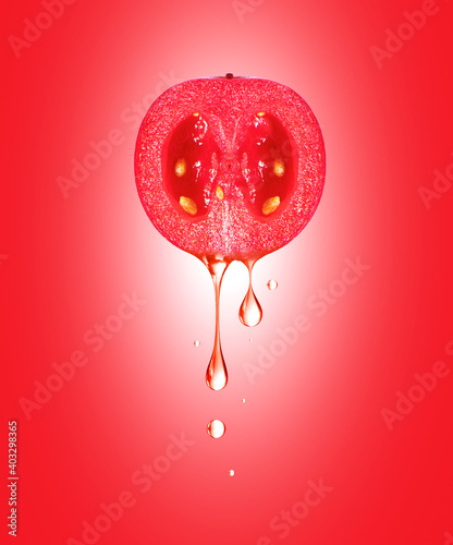 Fotografía Drop of juice dripping from sliced cranberry on red background