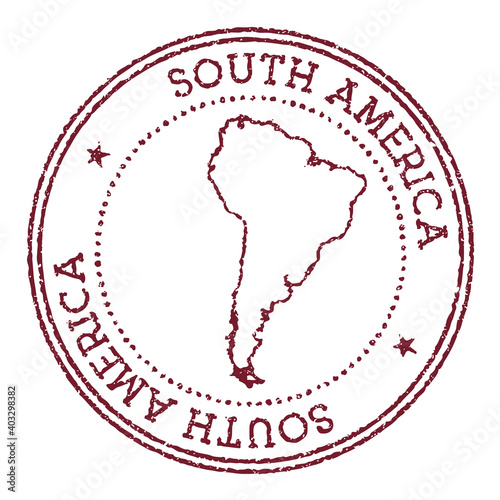 South America round rubber stamp with continent map. Vintage red passport stamp with circular text and stars, vector illustration.