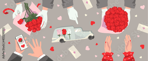 Valentines day online flowers ordering and delivery service. Hands holding mobile phone for order roses bouquet, hands make and deliver it