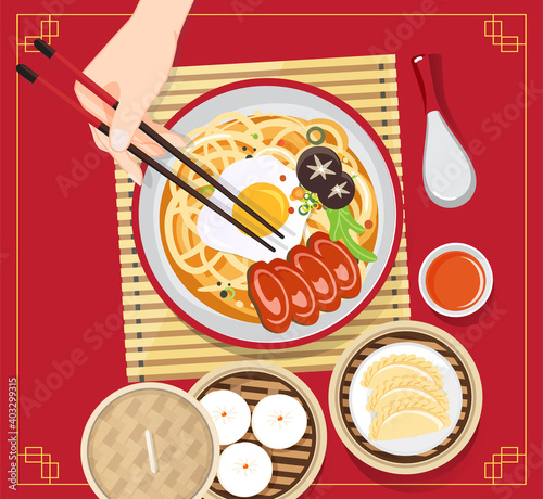 Traditional chinese soup with noodles, Noodle Soup in Chinese Bowl Asian Food Vector illustration