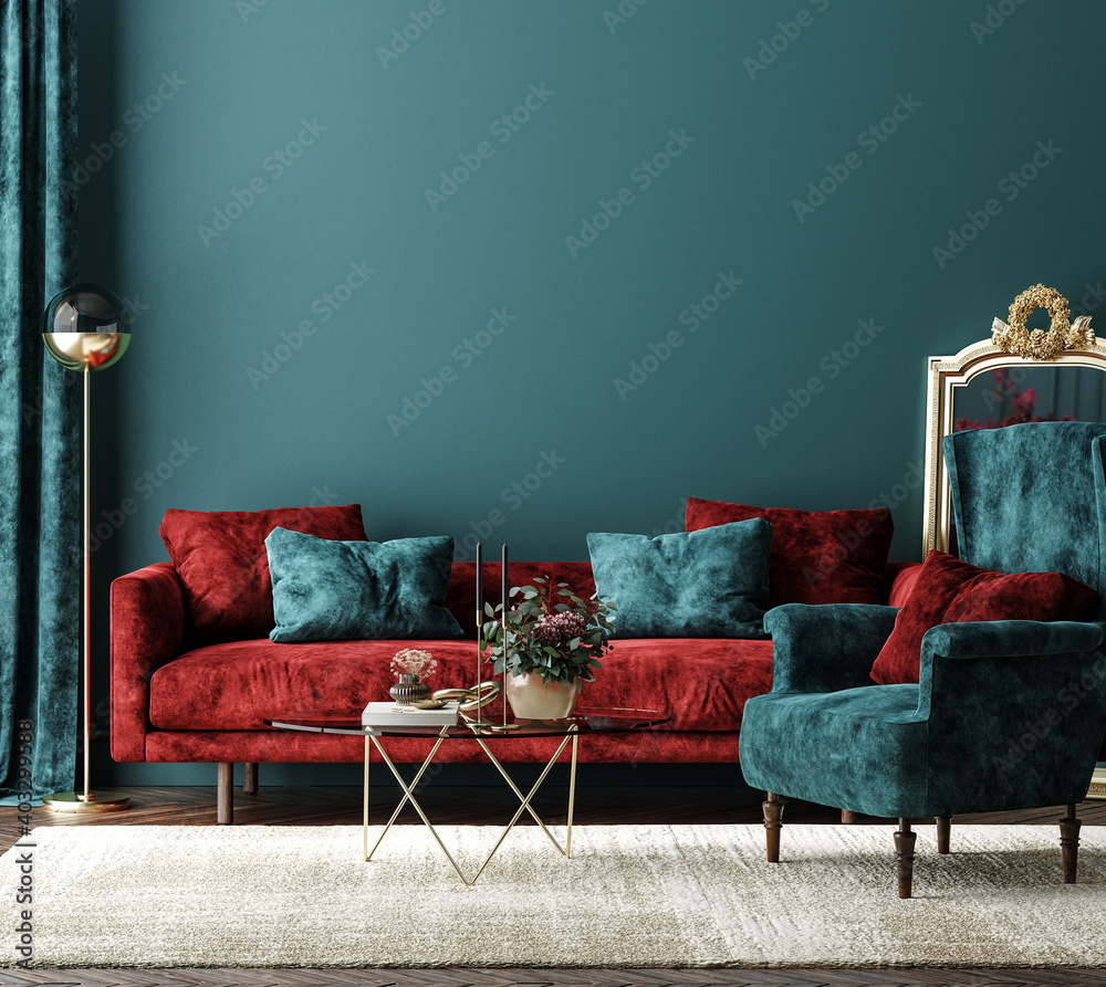 Home Interior Mock Up With Red Sofa