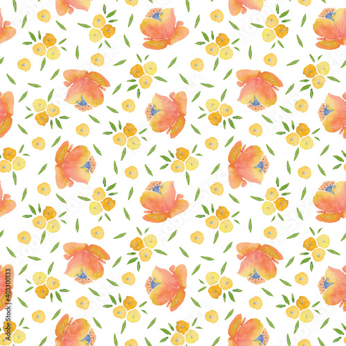 Watercolor yellow flowers seamless pattern. Watercolor fabric. Repeat flowers. Use for design invitations  birthdays