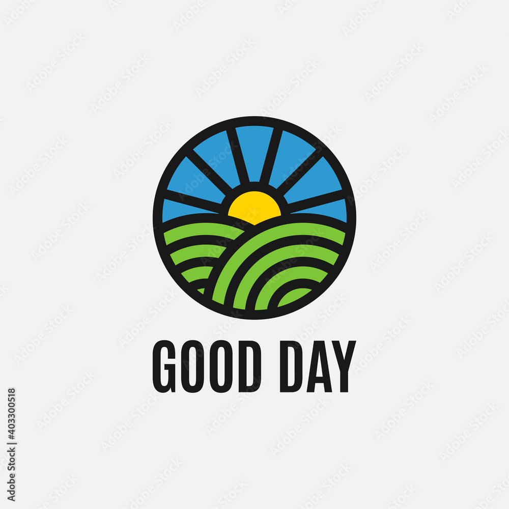 Good day emblem with sky, sun and grass Good day emblem with sky, sun and grass