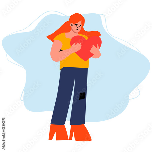 Young woman hugs a big heart with love and care. Girl with long hair holds pink heart in her hands. Self care and body positive concept.